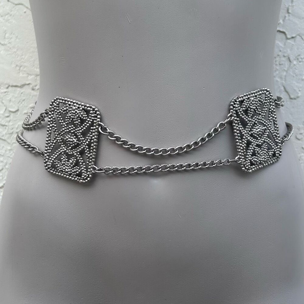 Vintage Stamped Steel Panel And Chain Fashion Belt Women's 30" Silver-tone
